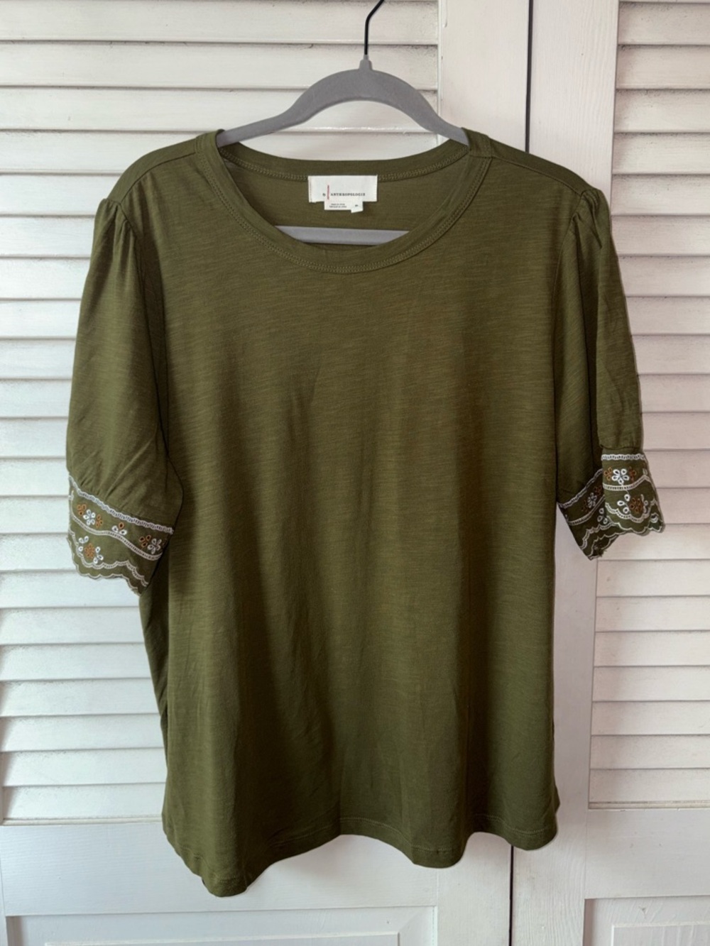 Anthropologie Allison Embroidered Tee Olive Green XL Boho Puff Sleeve - Picture 2 of 7